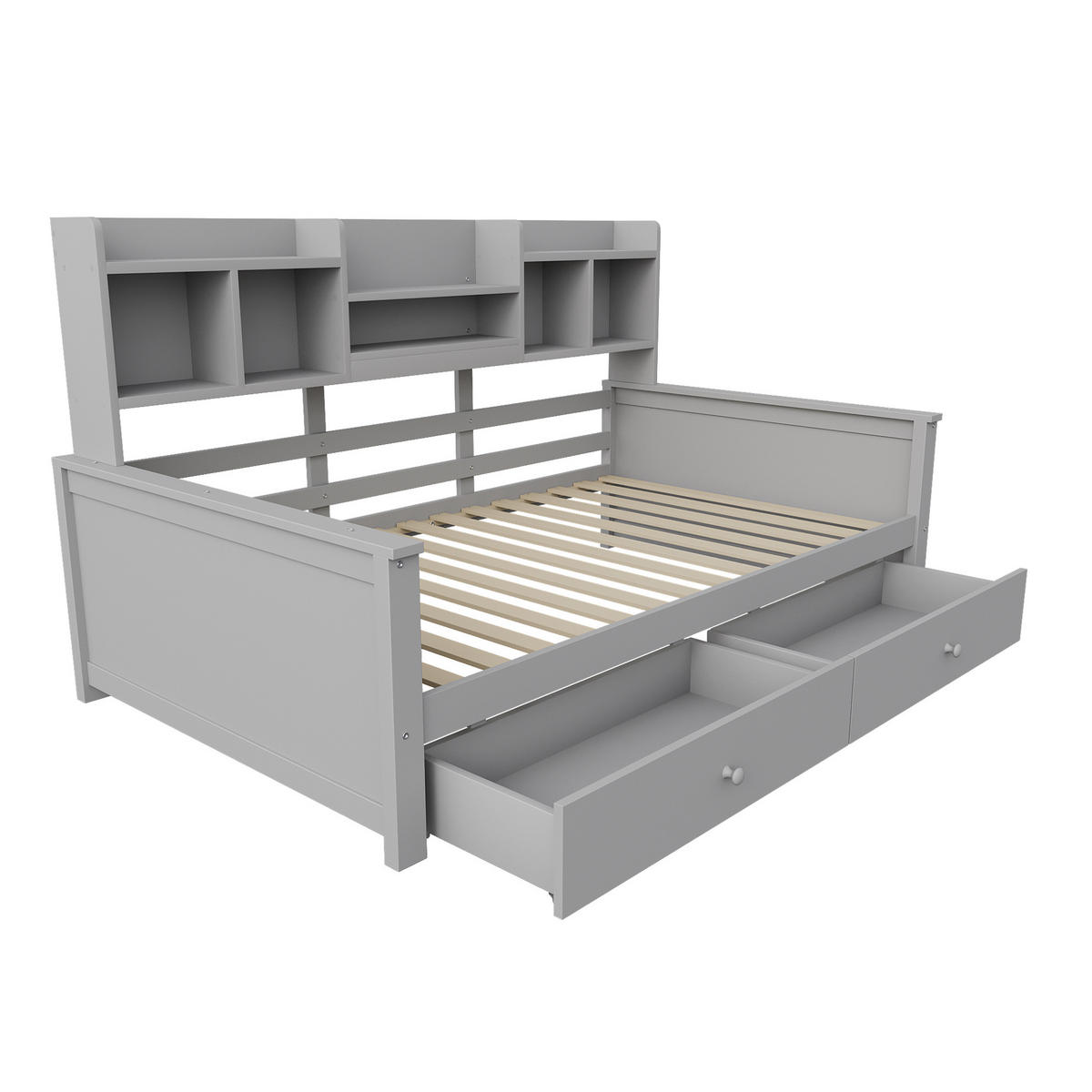 KINDERBETT 90/200 cm als Schlafsofa mit 2 Schubladen, Seitenregalen und Lattenrost aus Massivholz, Grau/Weiß - Grau, Holzwerkstoff (90/200cm) - Redom