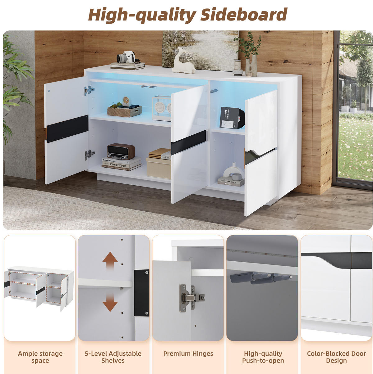 SIDEBOARD 140/40/70 cm in Weiß/Schwarz mit 3 Türen und LED-Beleuchtung - Weiß, Holzwerkstoff (140/70/40cm) - Flora Grace