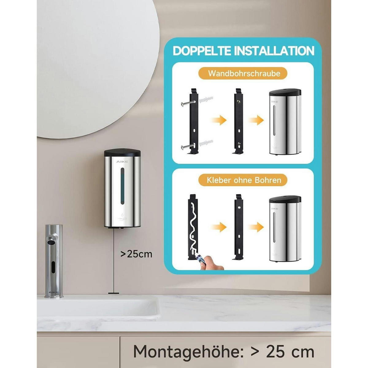 AUTOMATISCHER Seifenspender Wandmontage 750ml Edelstahl poliert - Silberfarben, Metall (11.7/24.7/13.2cm)