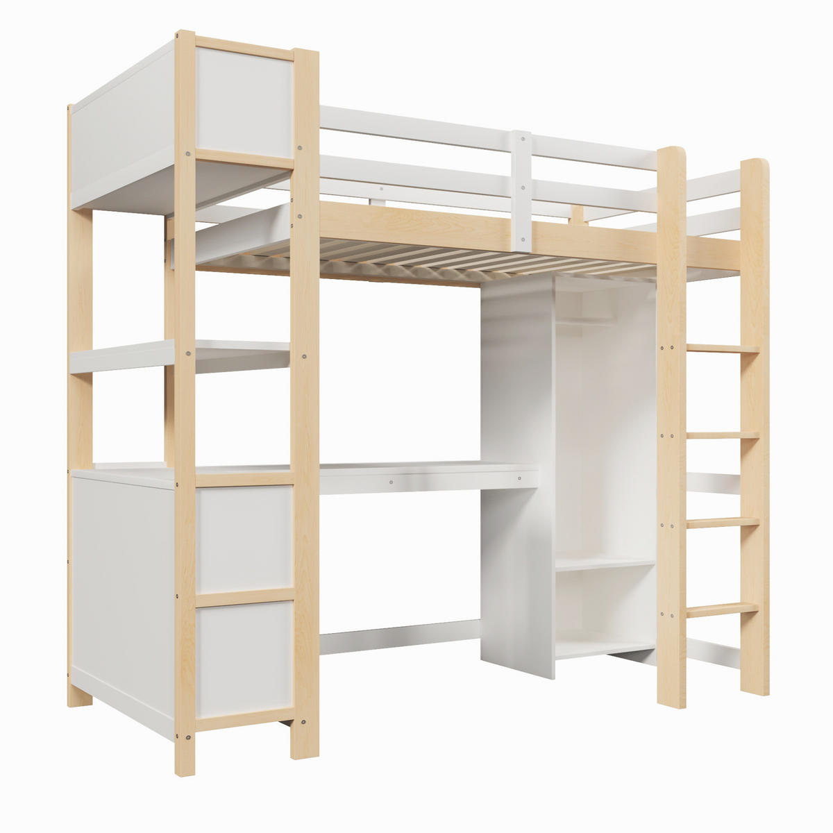 HOCHBETT 90/200 cm, Natur mit Schreibtisch, Regalen, Kleiderschrank, ohne Matratze - Weiß, Holz (90/200cm) - MIVRAY