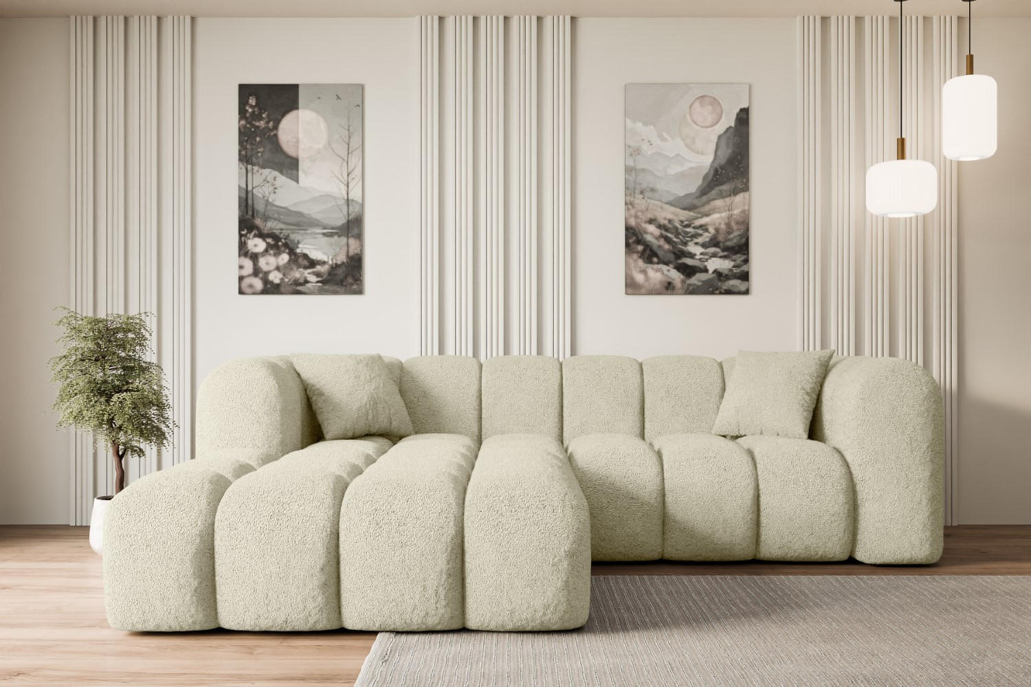 ECKSOFA Ottomane Links OLEA-L1 - 231x173x74 cm Beige Bouclé - Beige/Schwarz, Holzwerkstoff/Kunststoff (190/242cm) - ALTDECOR