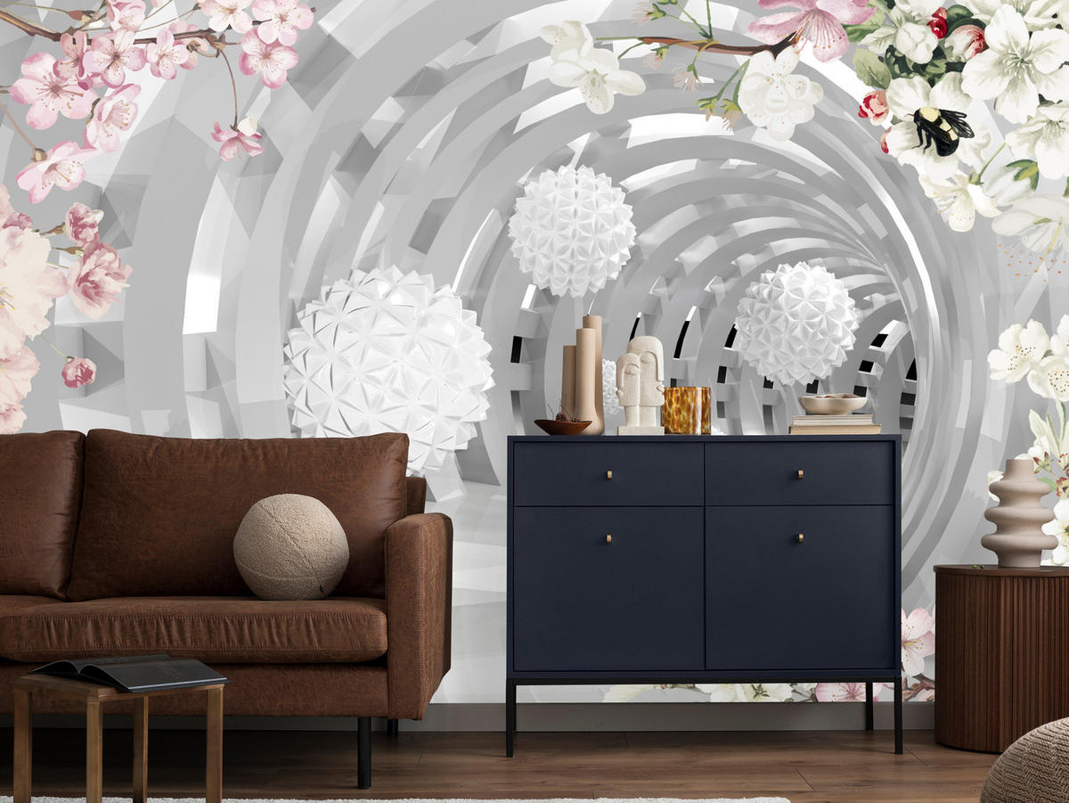 FOTOTAPETE für Wohnzimmer Tunnel mit BLUMEN KUGELN Floral Perspektive 500x350 - Rosa/Weiß, Papier (500/350cm) - Muralo