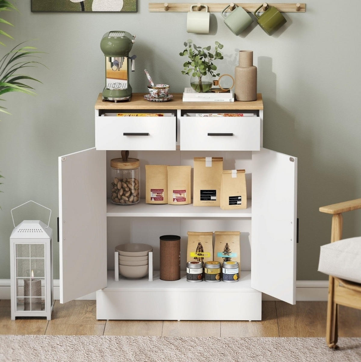 SIDEBOARD 68,6/35/90,3 cm Weiß/Natur aus Holz mit 2 Schubladen - Weiß, Holz (68.6/90.3/35cm) - OKWISH