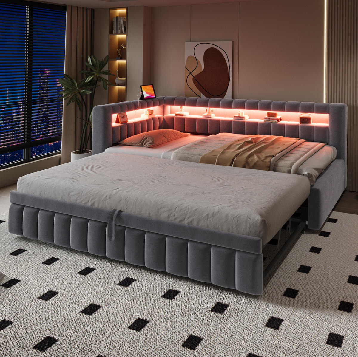 POLSTERBETT 90/200 cm aus Samt mit LED-Beleuchtung, Grau - Grau, Textil (90/200cm) - OKMYHOME