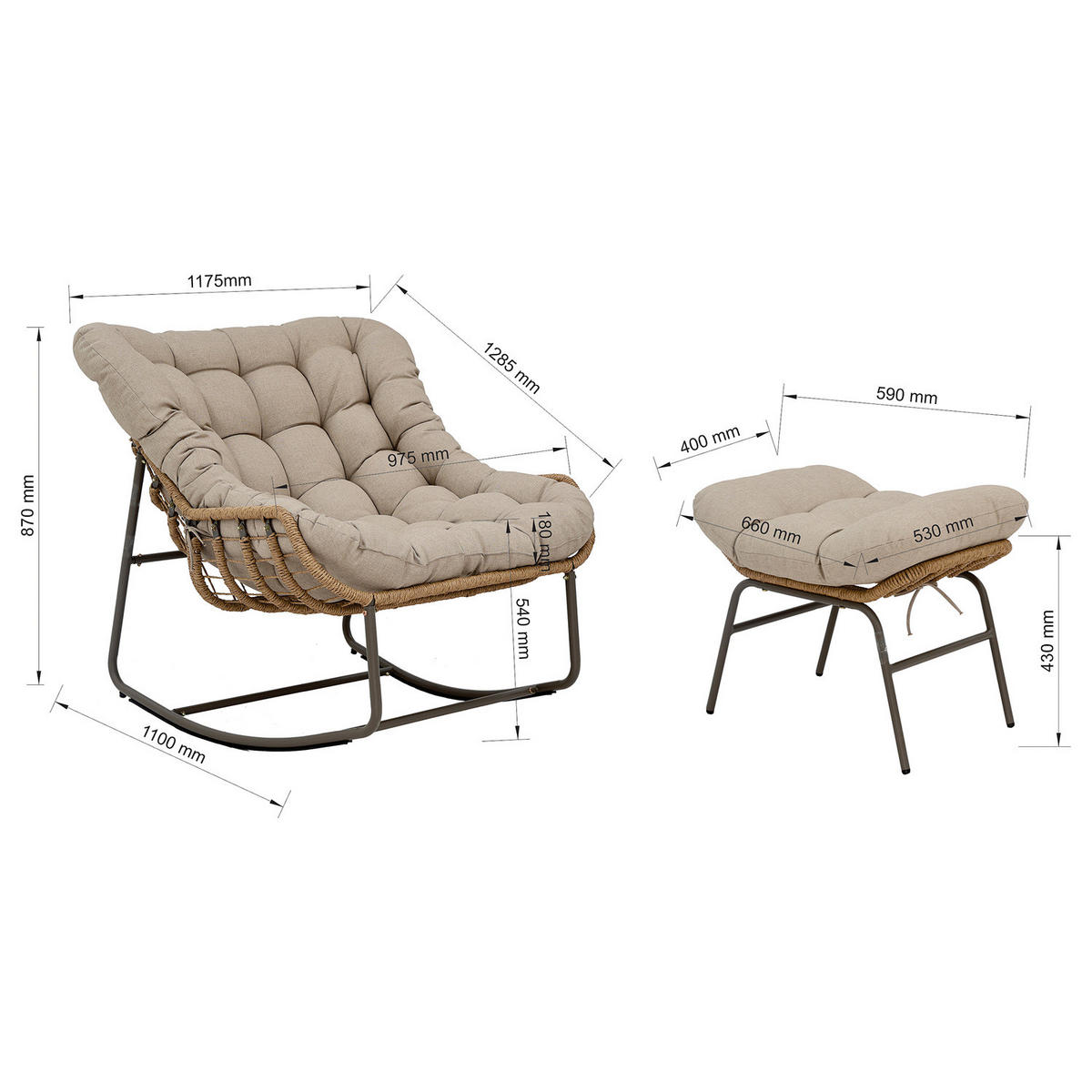 GARTENSESSEL mit Fußhocker - Stahl / Webstoff - Grau / Beige - Beige, Textil/Metall (118/87/110cm) - home24