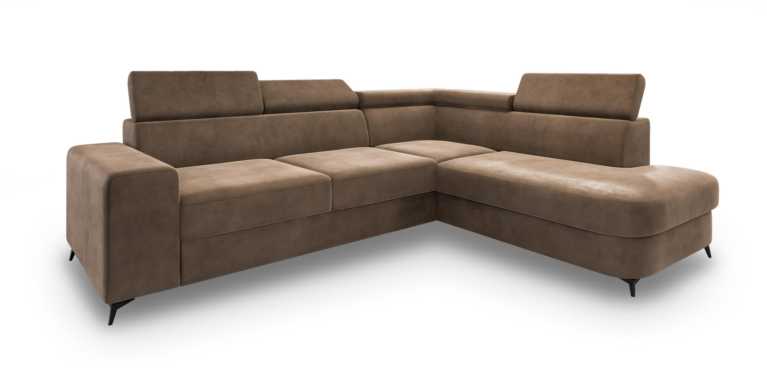 ECKSOFA ALVORO R-S Beige Velours-Stoff mit Schlaffunktion - Beige, Holz (253/190cm) - MASSENO