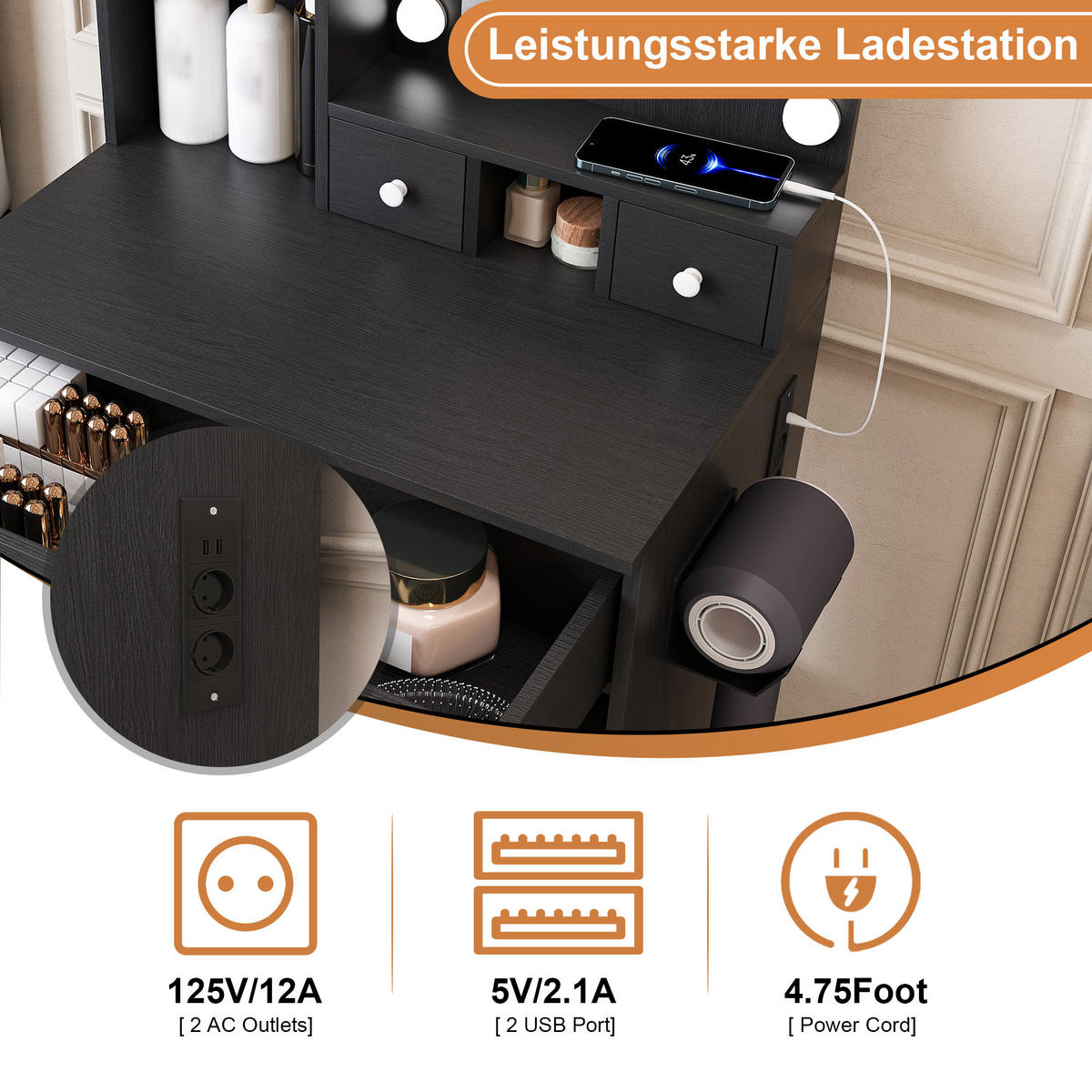SCHMINKTISCH mit LED-Spiegel, Steckdose, Föhnhalterung und gepolstertem Hocker; schwarz; 60 × 131,5 × 38 cm - Schwarz, Holzwerkstoff (38/131.5/60cm) - Vallsero