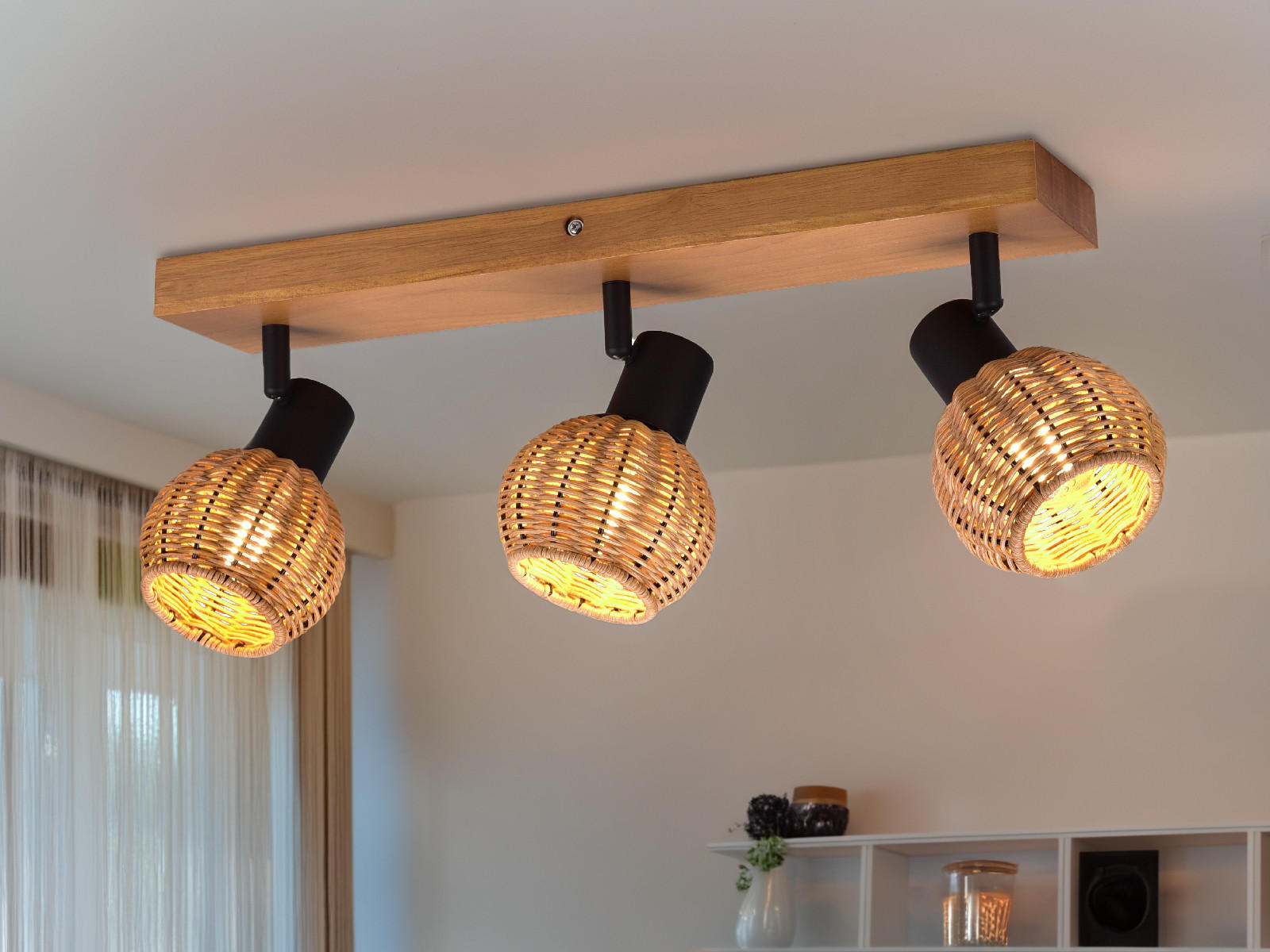 DECKENSTRAHLER Holz Breite 50cm, Lampenschirme Rattan - Naturfarben, Naturmaterialien/Holz (14/50/18cm) - meineWunschleuchte