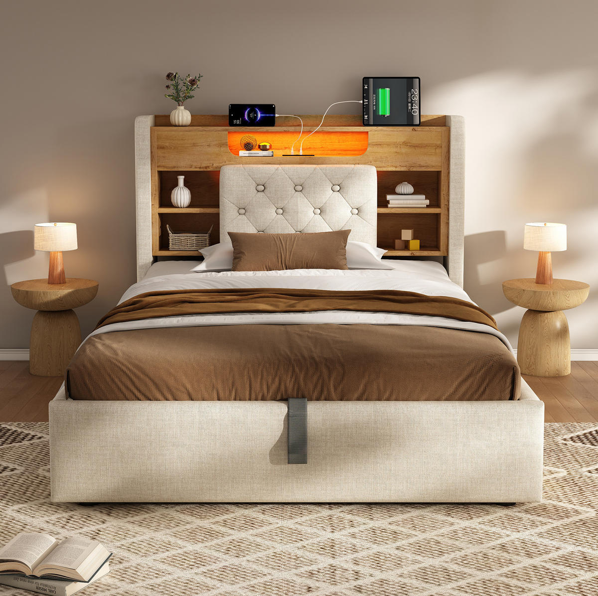 POLSTERBETT 90x200 cm in Beige mit hydraulischem Bettkasten, LED und Ladeanschlüssen - Beige, Textil (90/200cm) - IVMEU