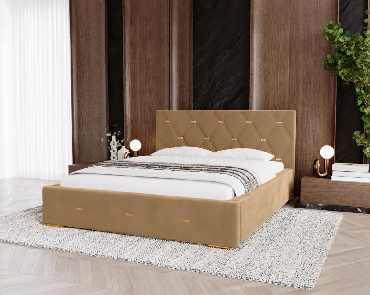 POLSTERBETT Golden Premium 160x200 cm, Doppelbett mit Bettkasten, Lattenrost und Matratze, Velourstoff: Beige - Beige, Holz/Textil (160/200cm) - Marpur