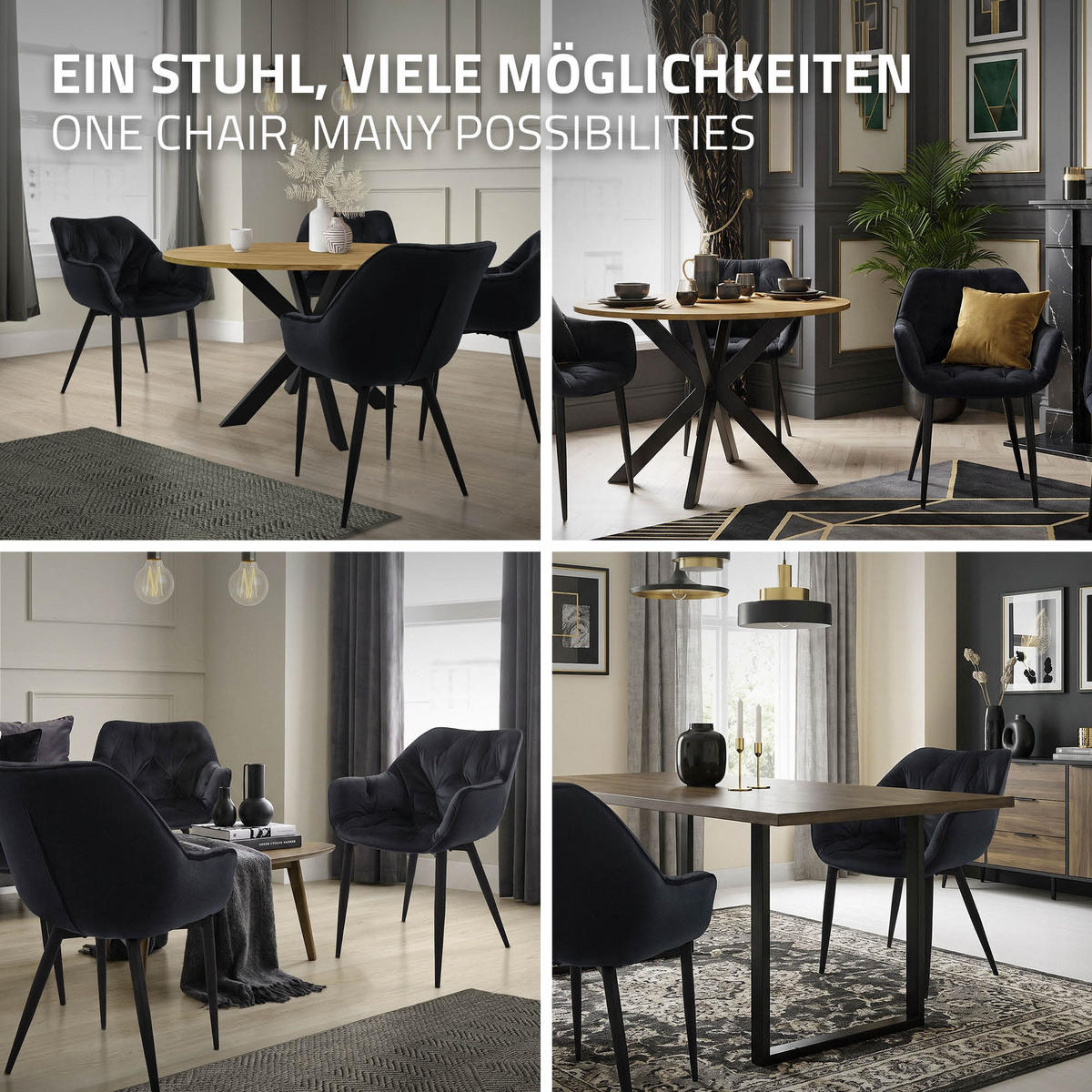 JÍDELNÍ ŽIDLE, sada 4 ks, antracitový samet - černá, kov (60/82/57cm) - ML-DESIGN