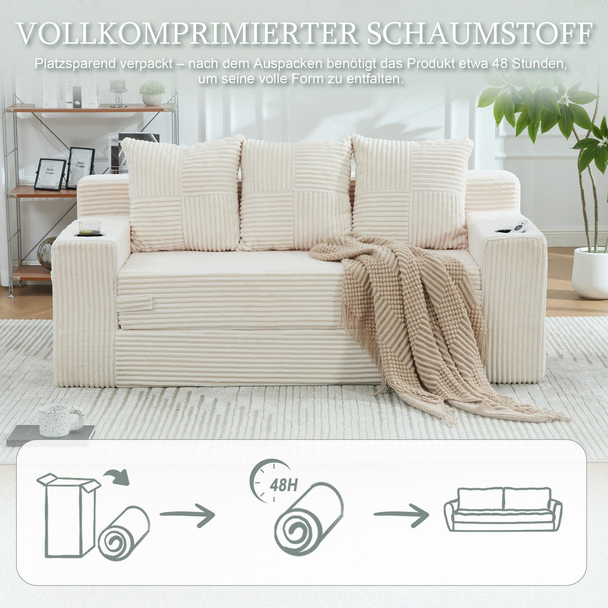 2-SITZER Bodensofa ausklappbar, Getränkehalter/Seitentaschen, Cord, Beige - Beige, Textil (172/64/87cm) - LVHOM