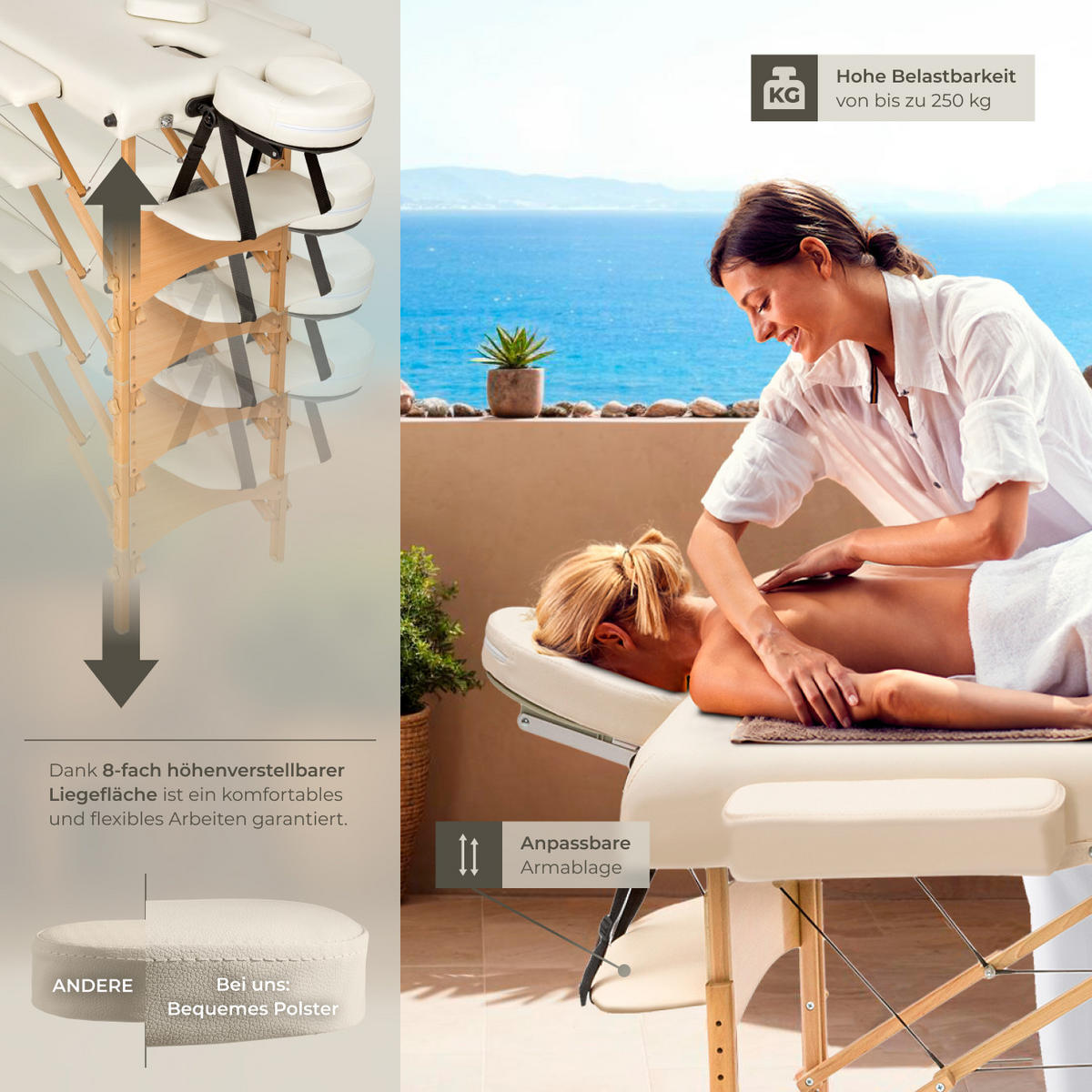 MASSAGELIEGE-SET 3 Zonen Daniel,210 x 95 x 84 cm,beige - Beige, Holz (95/84/210cm) - tectake