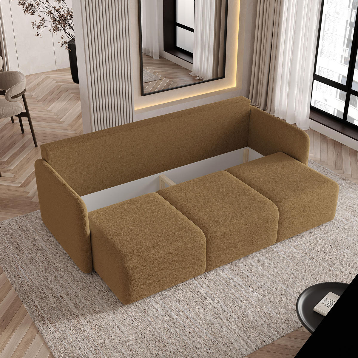 BETTSOFA SUVI III Q Hellbraun Bucle-Stoff mit Schlaffunktion - Hellbraun, Textil (220/85/90cm) - MASSENO