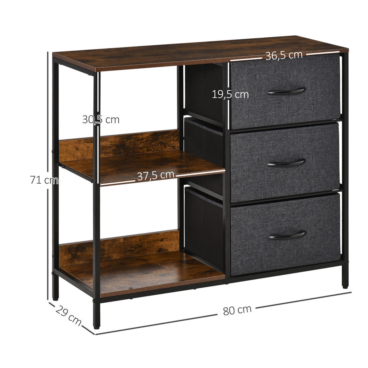 KOMMODE mit 3 Stoff-Schubladen, 2 offenen Regal, Braun - Multicolor, Textil (80/71/29cm) - HOMCOM