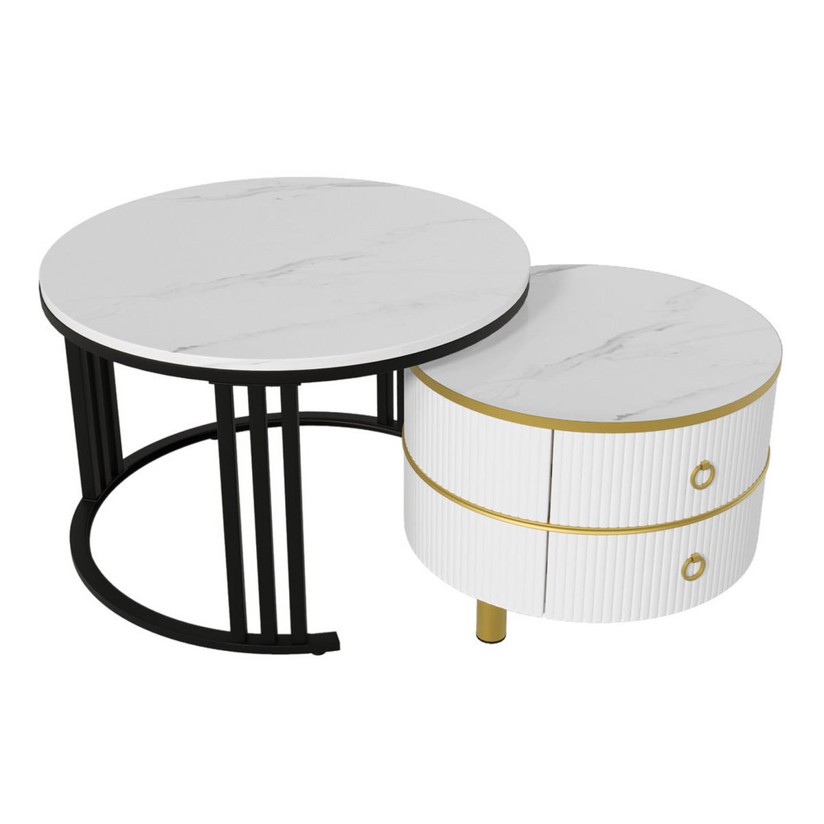 COUCHTISCH 2-in-1 Rund Hochglanz 2 Schubladen Schwarz-Weiß Gold - Weiß, Holz (81.5/78.5/14cm) - FLIEKS