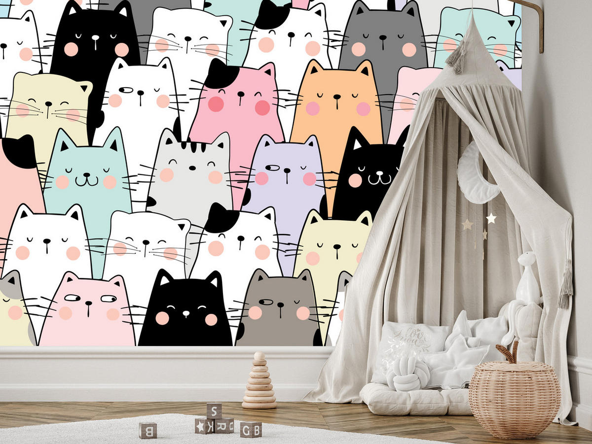 FOTOTAPETE für Kinderzimmer Bunte Katzen Cartoon Abstraktion 250x175 - Blau/Gelb, Papier (250/175cm) - Muralo
