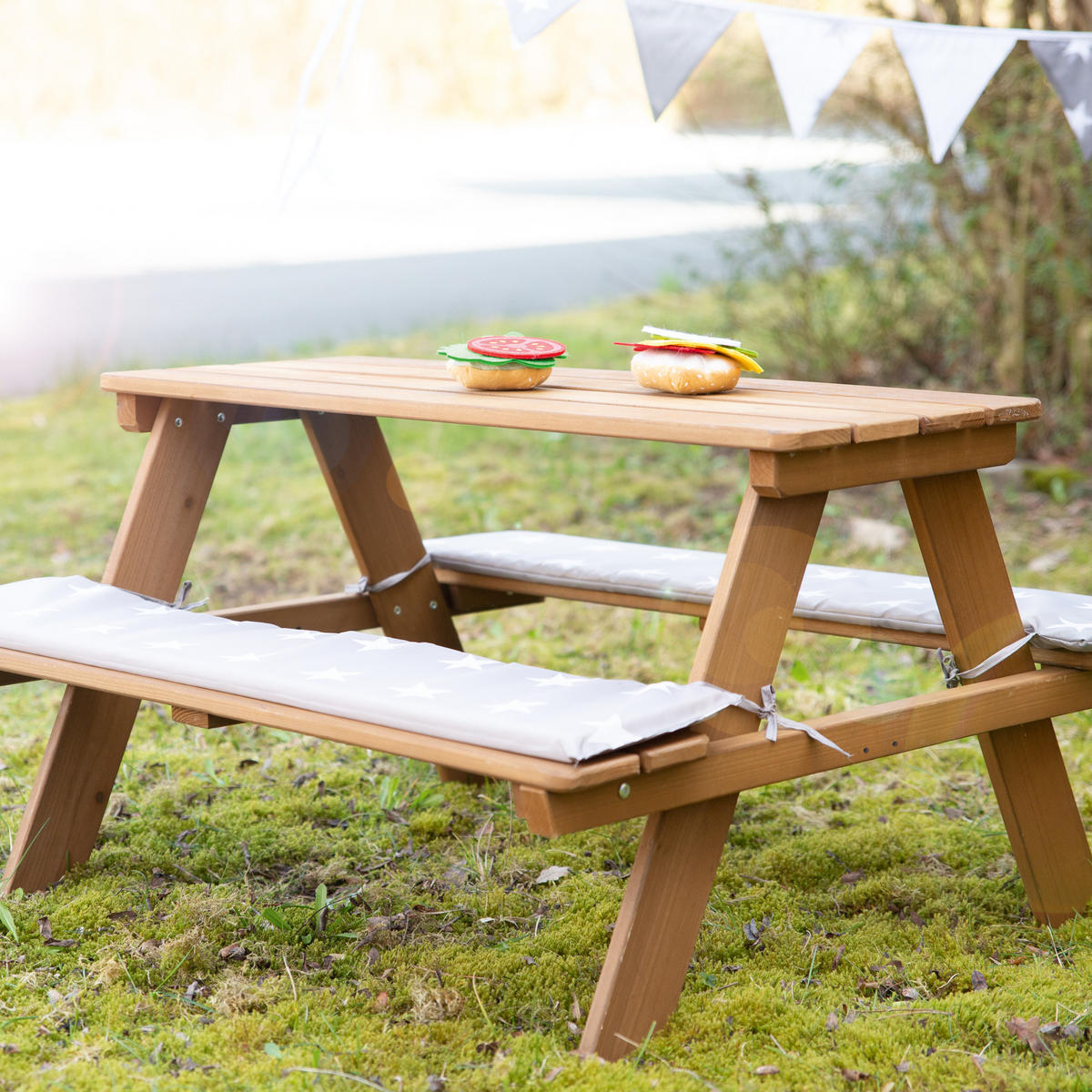 KINDERSITZGARNITUR OUTDOOR + in teak mit Bankkissen - Teakfarben, Holz - Roba