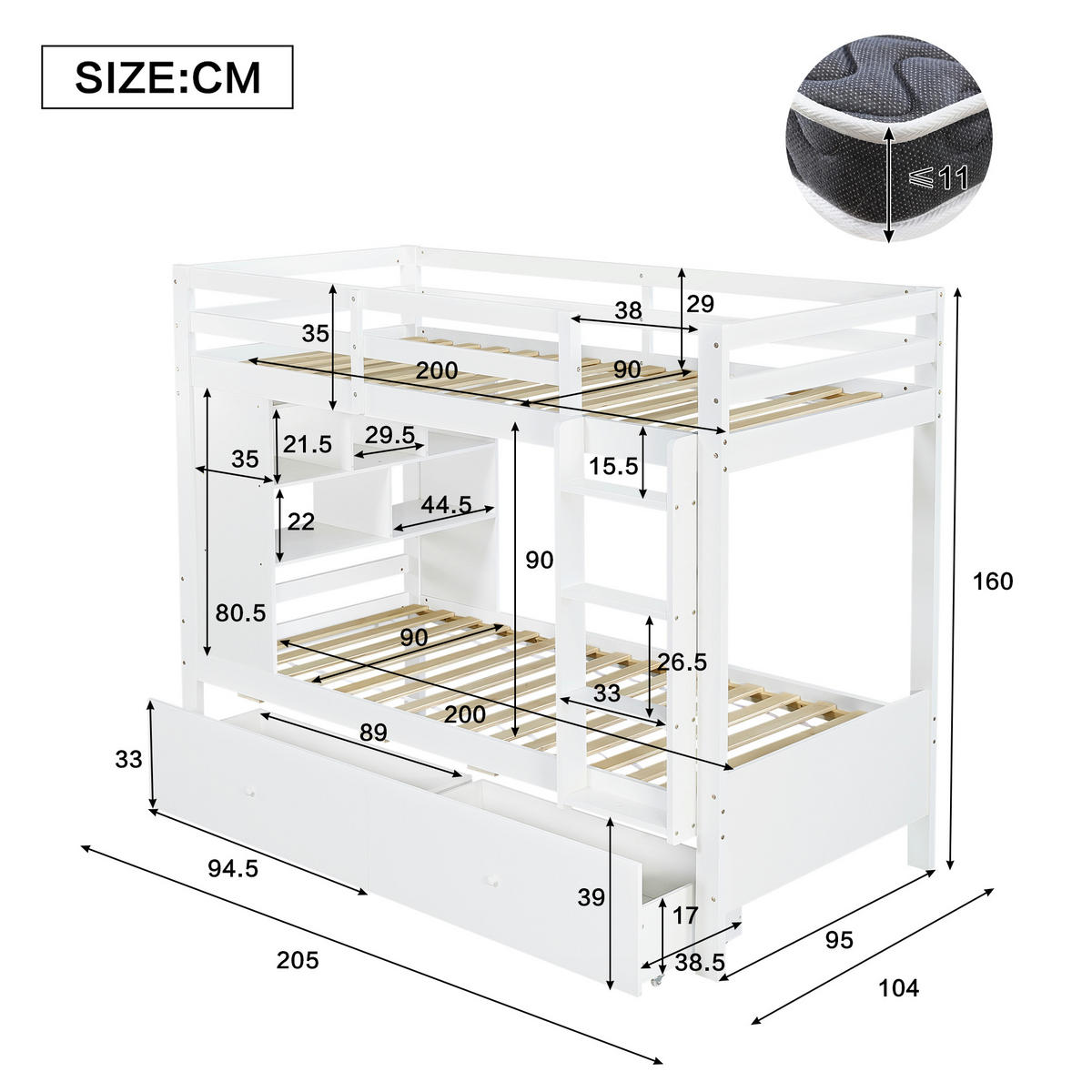 ETAGENBETT 90/200 cm in Weiß mit Schubladen und Regal - Weiß, Holz/Holzwerkstoff (90/200cm) - CHICFURN