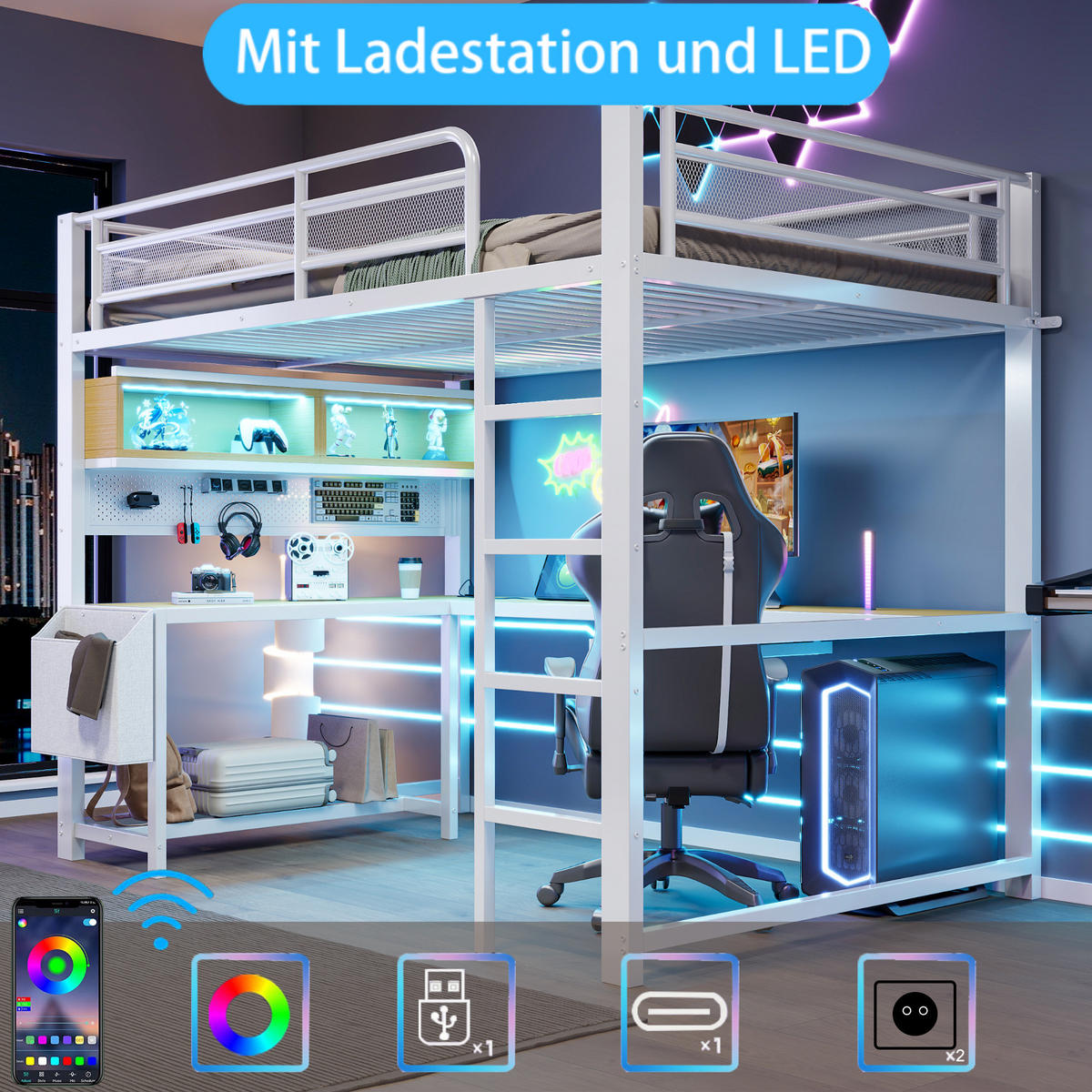 HOCHBETT 140/200 cm Weiß mit Schreibtisch, LED und USB - Weiß, Metall (140/200cm) - MIVRAY