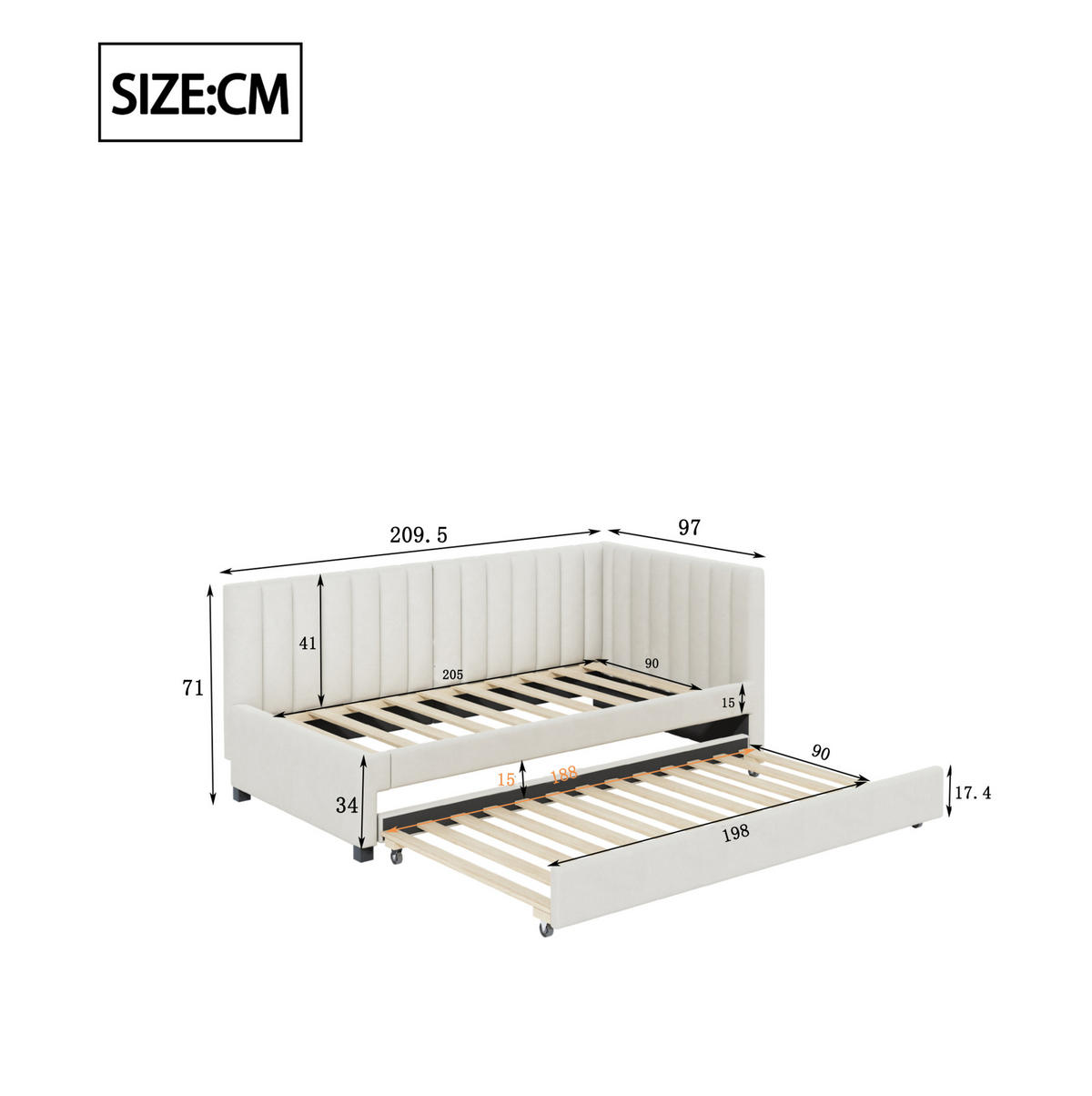 POSTEL 209,5/97/71 cm, samet béžová, s výsuvným lůžkem - béžová, kůže (90/200cm) - BEAOK