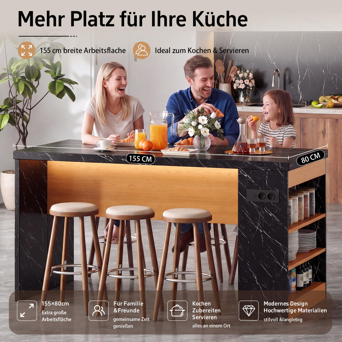 KUCHYŇSKÝ OSTRŮVEK v přírodní a černé barvě s LED osvětlením a zásuvkou, 155×80×90 cm - přírodní/černá, kompozitní dřevo (155/90/80cm) - STILVORA