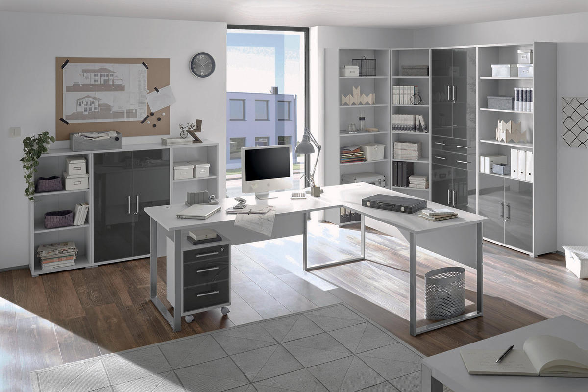 BÜROMÖBEL Office Line Lux in Platingrau mit lackierten Fronten in Graphit 9 teilig - Grau, Holzwerkstoff (120/80/200cm)