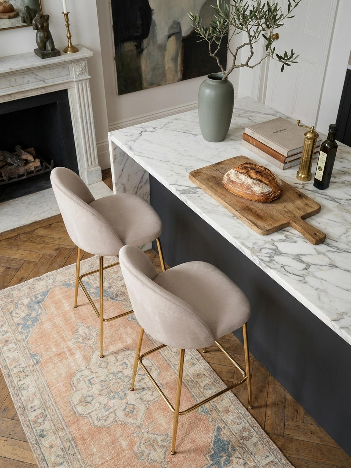 BARHOCKER 2er Set Samt Lehne Goldgestell Skandi-Stil Gepolstert, Beige 50x50x102 cm - Beige/Goldfarben, Textil/Metall (50/102/50cm) - KADIMA DESIGN