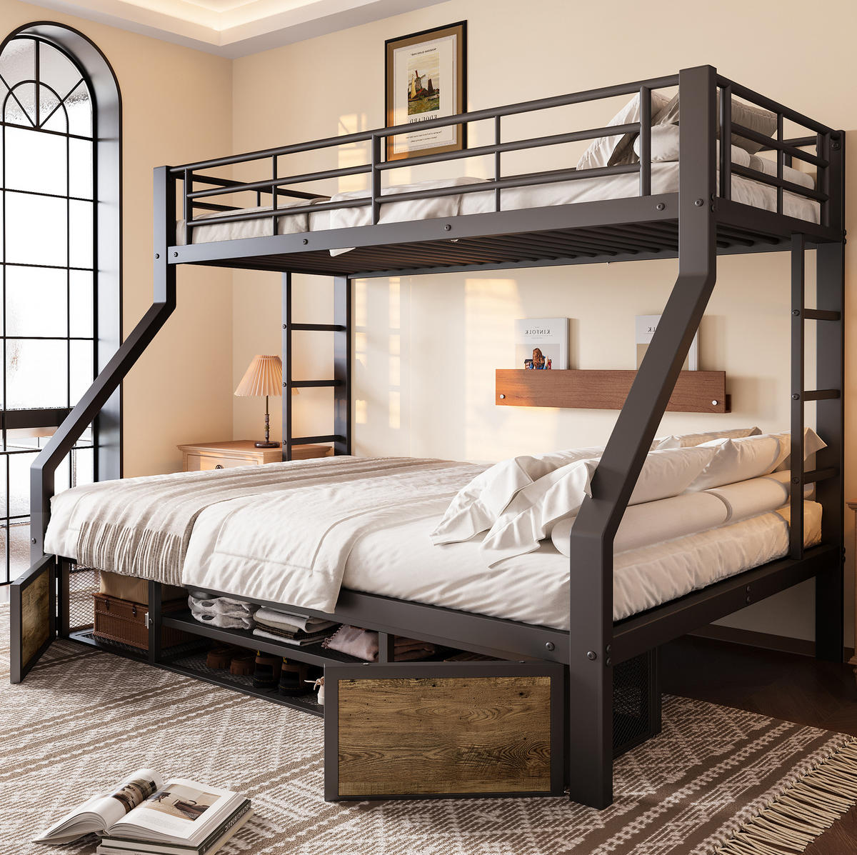 ETAGENBETT 90/200 & 140/200 cm aus Metall mit Schuhschrank und Staufächern Schwarz - Schwarz, Metall (90/200cm) - Modenvie
