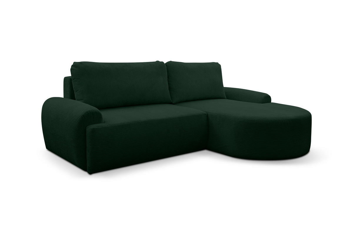 ECKSOFA Dream Cord in L-Form mit Schlaffunktion und Bettkasten, Farbe: Grün, Cordstoff, Ottomane Rechts - Grün, Textil (260/136cm) - VENASI MÖBEL