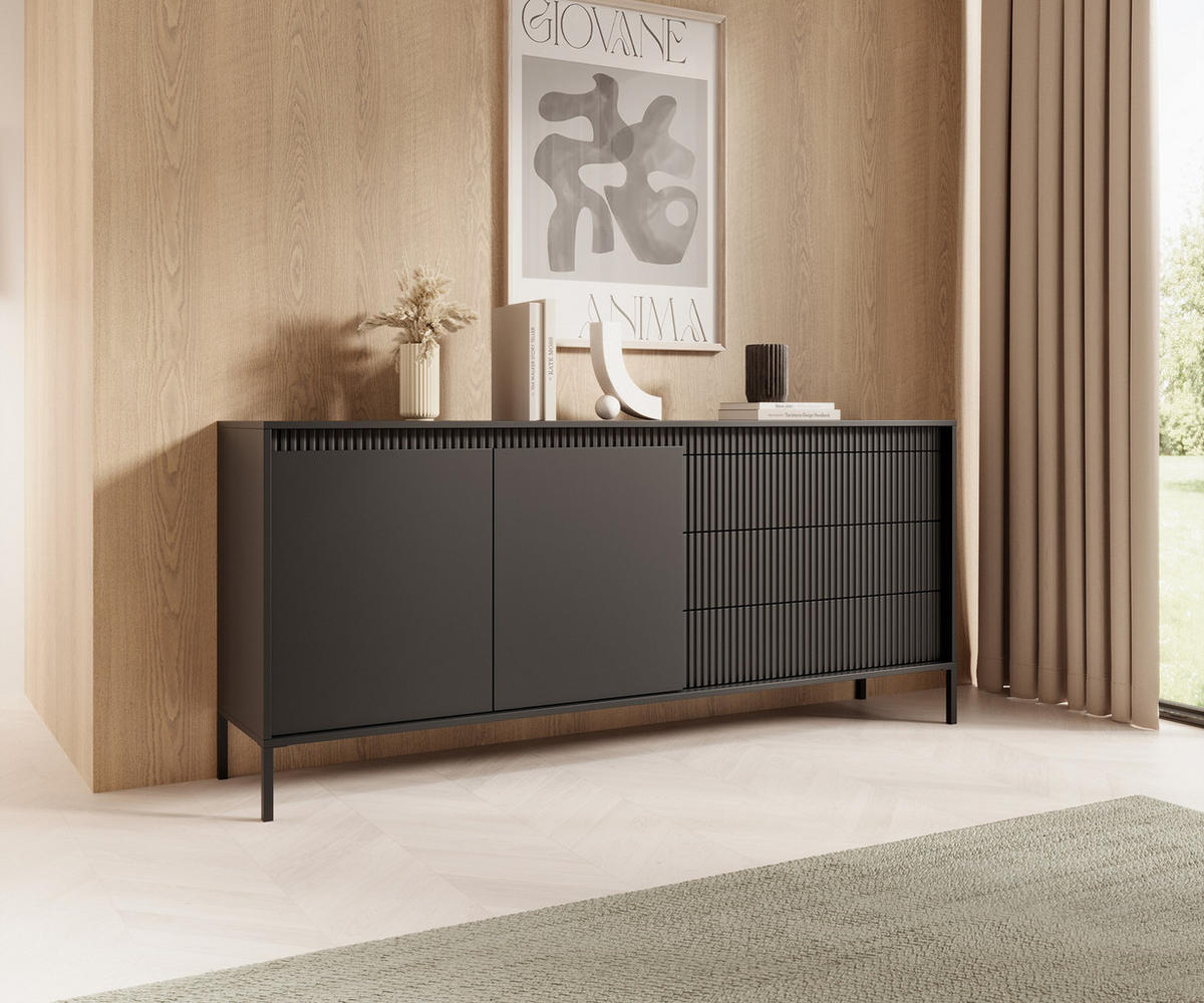 KOMMODE Schwarz 153 2D3S ENSO Gerillt - Schwarz, Holzwerkstoff (153.5/81.4/39.5cm) - Sepro Meble