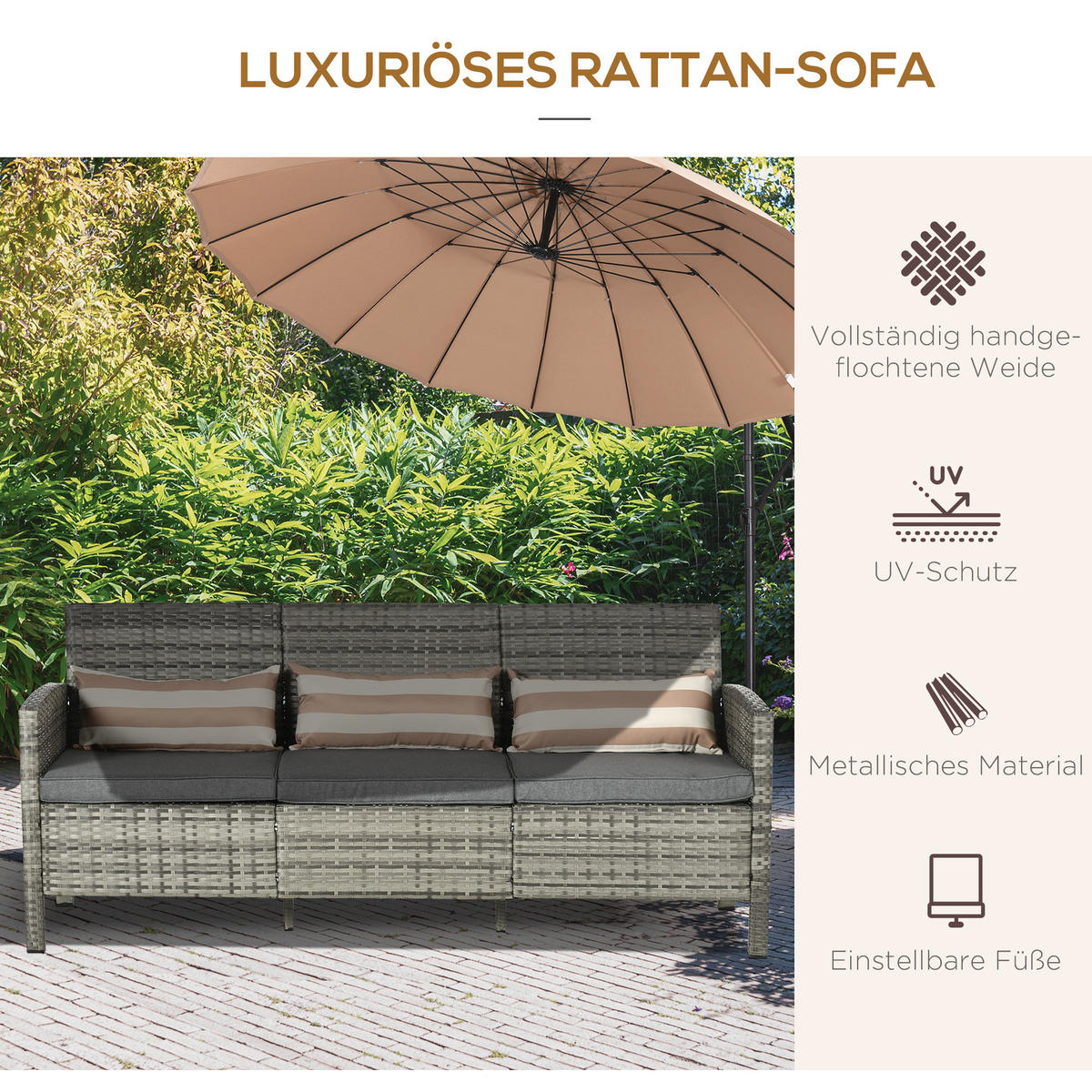 RATTAN Sofa mit Kissen, Dreisitzer, Garten Loungesofa, Stahl, Grau - Grau, Metall (68/78/173cm) - Outsunny