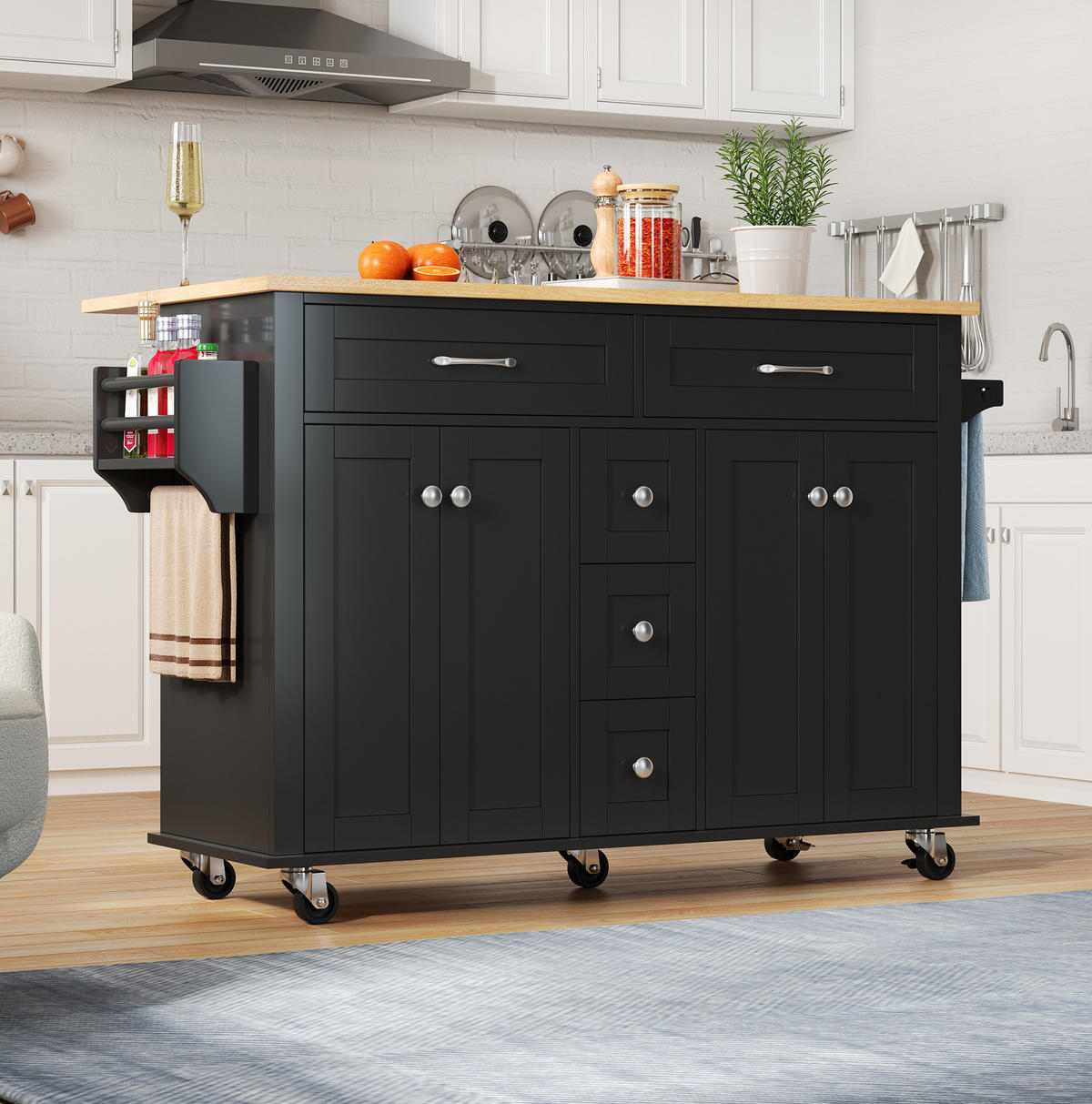 KUECHENWAGEN mit ausklappbarer Arbeitsplatte 140 cm Black/Natural - Schwarz, Holz (65/89/140cm) - Beauniv