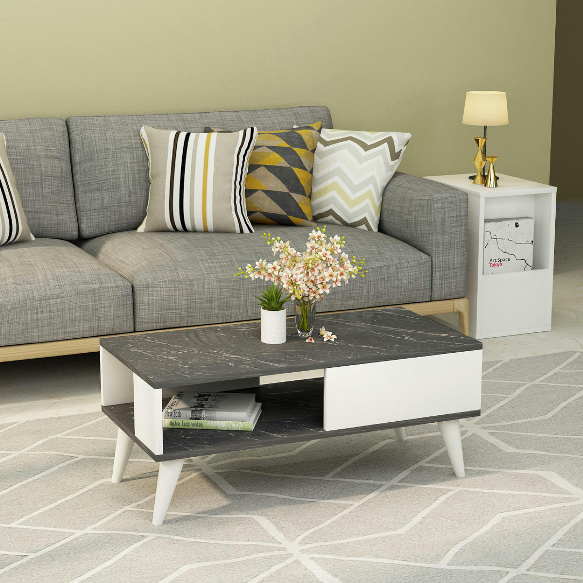 COUCHTISCH Ludvika 90/45/40 cm - Schwarz/Weiß, Holzwerkstoff/Kunststoff (45/90/40cm) - [en.casa]