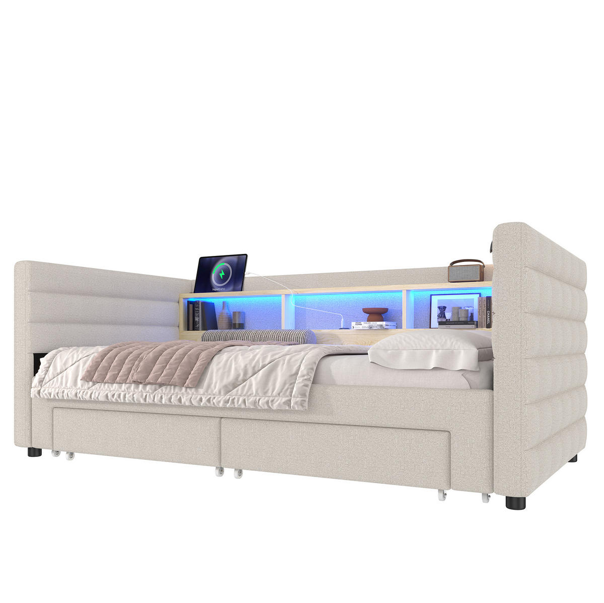 SAMT-POLSTERBETT 90/190 cm mit LED-Beleuchtung und Stauraum in Beige - Beige, Textil (90/190cm) - BEAOK