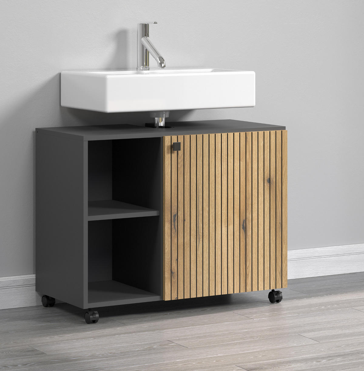 WASCHBECKENUNTERSCHRANK Evoke Eiche, grau 80 cm, Badschrank auf Rollen - Eichefarben/Anthrazit, Holzwerkstoff/Metall (80/64/42cm) - Top.Furn