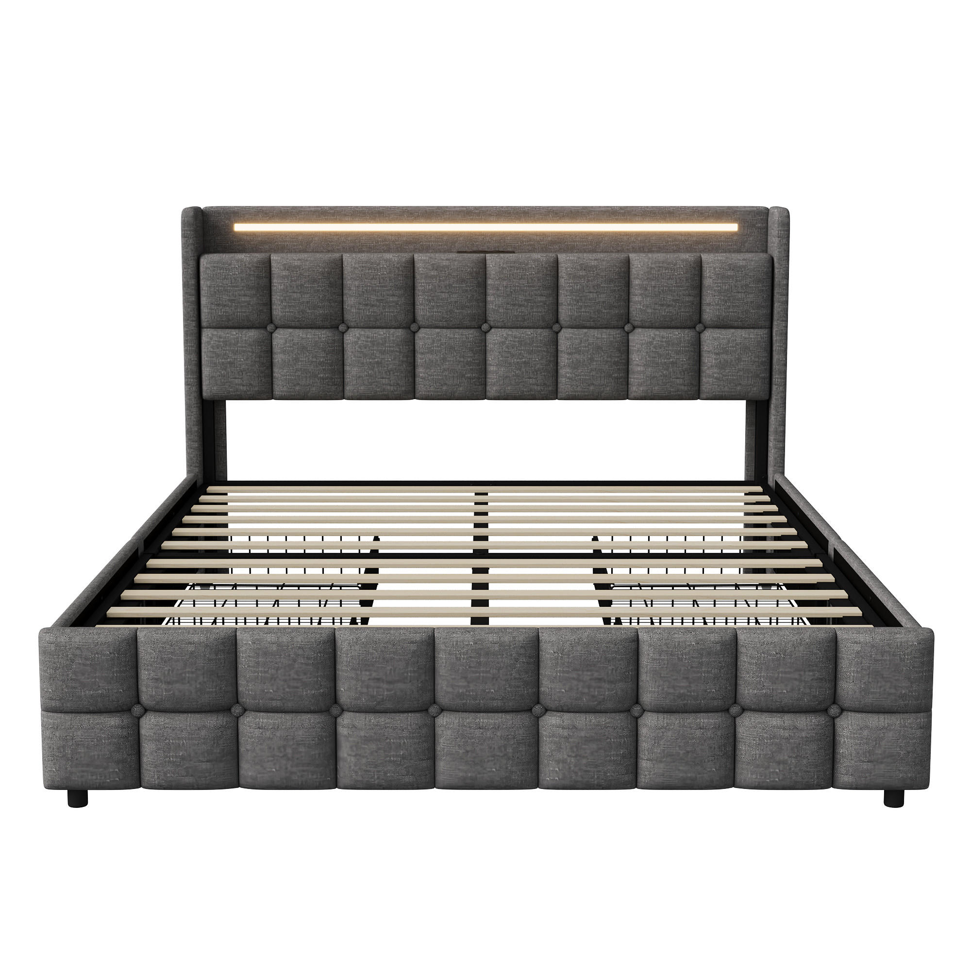 POLSTERBETT Geometrisch 160/200 cm mit 4 Schubladen & LED Leinenoptik Grau - Grau, Textil (160/200cm) - Creahappy