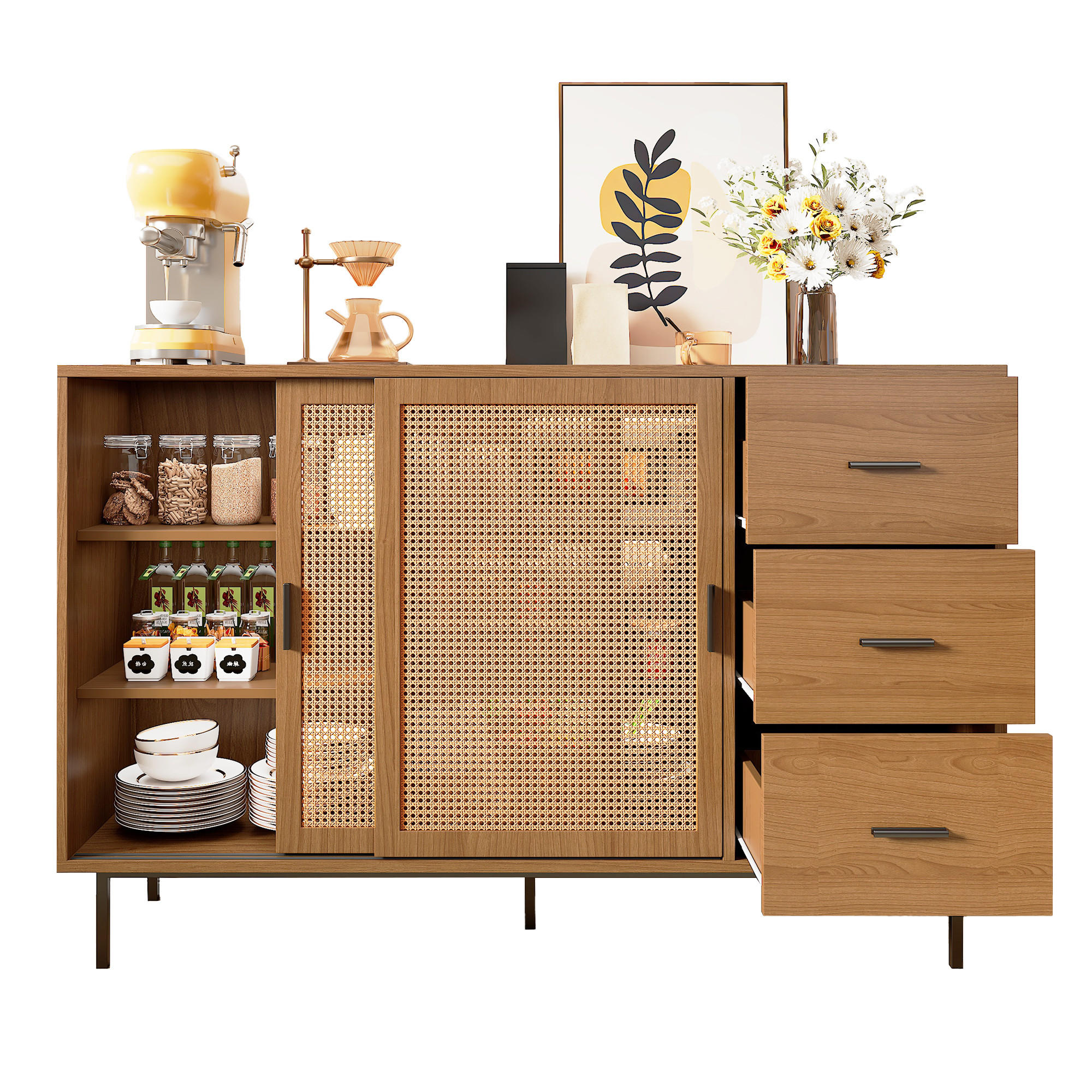 SIDEBOARD 140/37/91 cm natur aus Spanplatte mit Schiebetüren - Naturfarben, Holzwerkstoff (140/91/37cm) - OKWISH