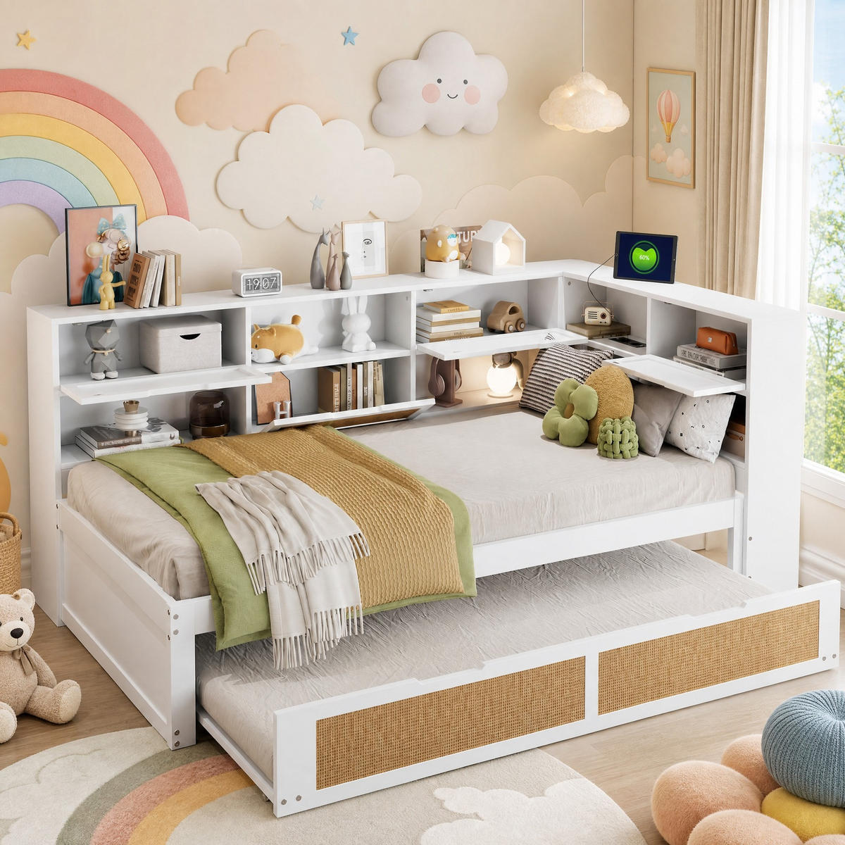 JUGENDBETT 90/200 mit Ausziehbett, Stauraum, Ladeanschluss und Massivholz in Weiß - Weiß, Holzwerkstoff (90/200cm) - EVRYAE