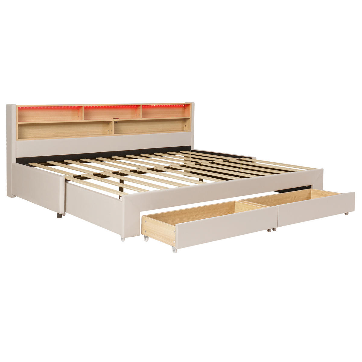 POLSTERBETT 90/200 cm & 90/200 cm in Beige Samt mit 2 Schubladen, LED und USB - Beige, Holzwerkstoff/Textil (90/200cm) - STILVORA
