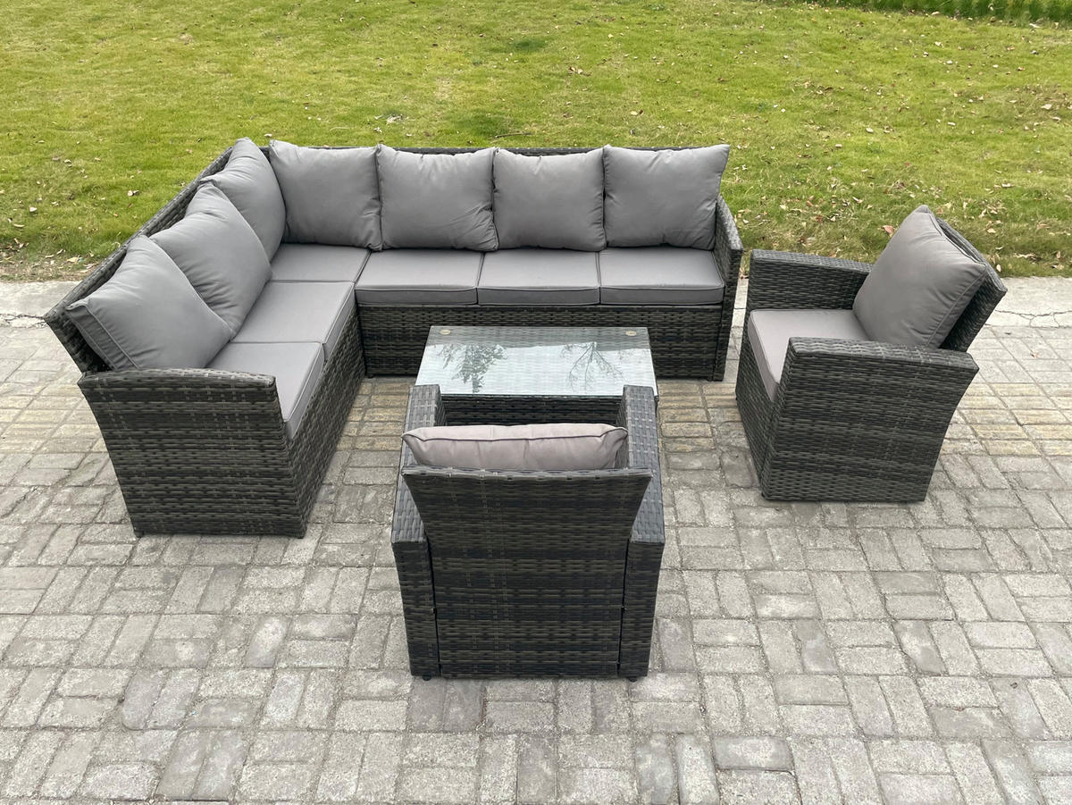 GARTENSET mit Couchtisch,2 Stuhl Polyrattan Dunkelgrau 8-Sitzer - Dunkelgrau/Grau, Glas/Kunststoff - Fimous