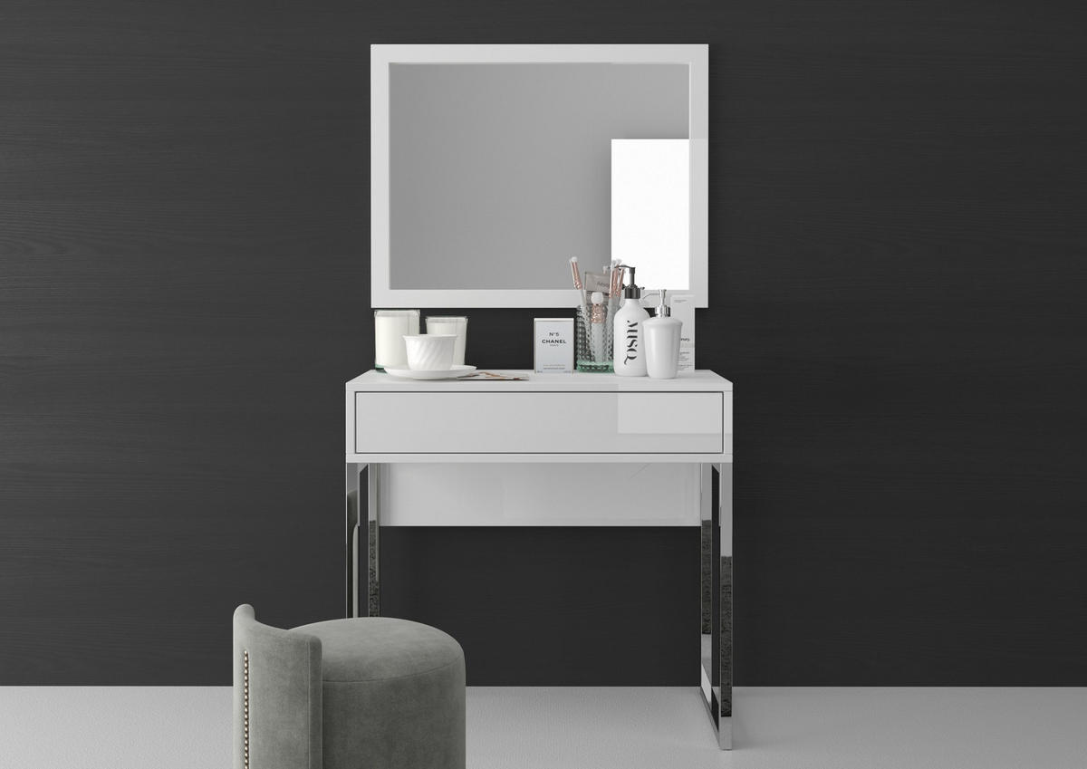SCHMINKTISCH Eva, Weiß, Silberne Beine, Hochglanz - Weiß Hochglanz/Silberfarben, Holzwerkstoff/Metall (40/80/76cm) - Kayani