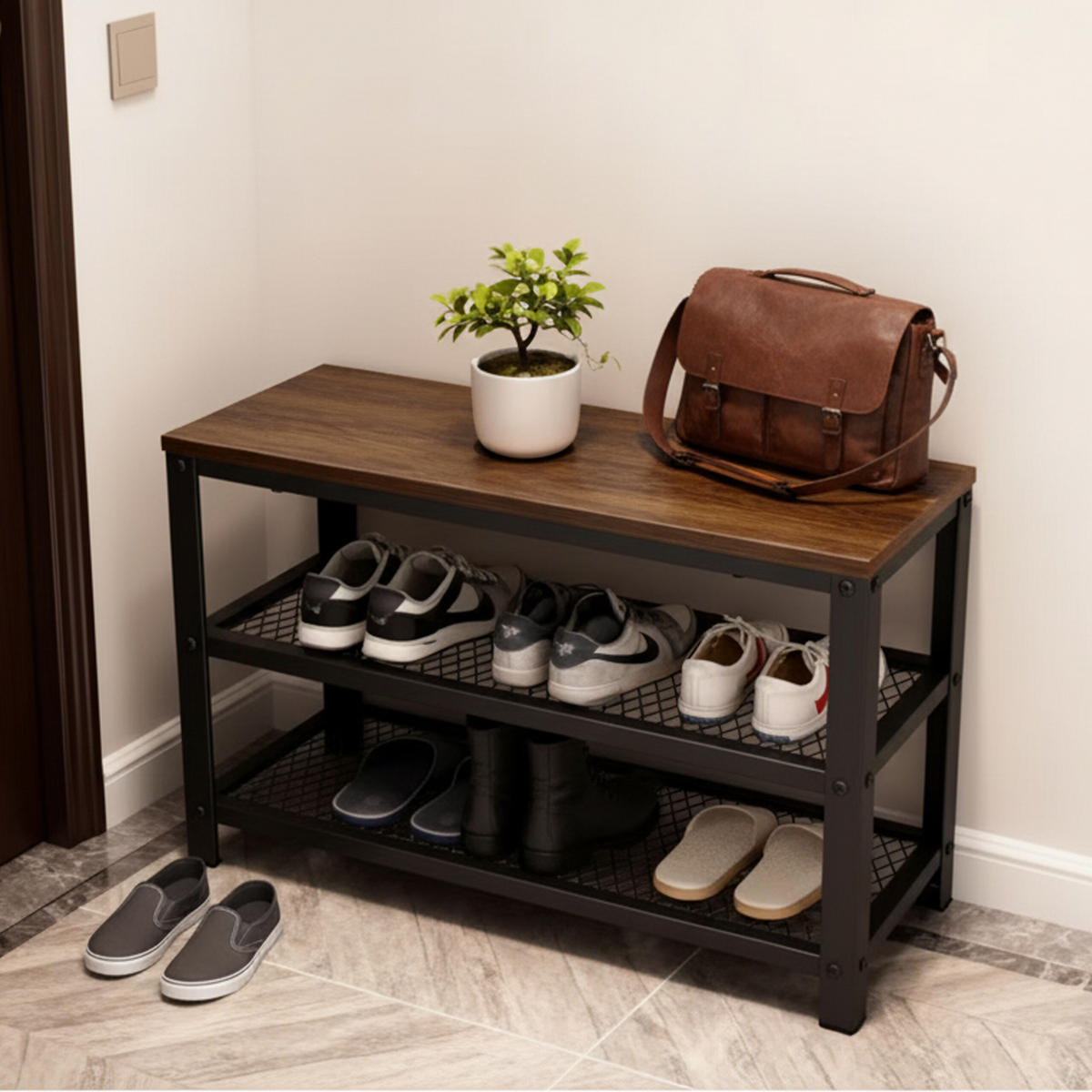 SCHUHBANK Schwarz Braun mit Sitzfläche 2-Schuhablagen - Dunkelbraun/Schwarz, Holzwerkstoff/Kunststoff (73/45/30cm) - Relaxdays