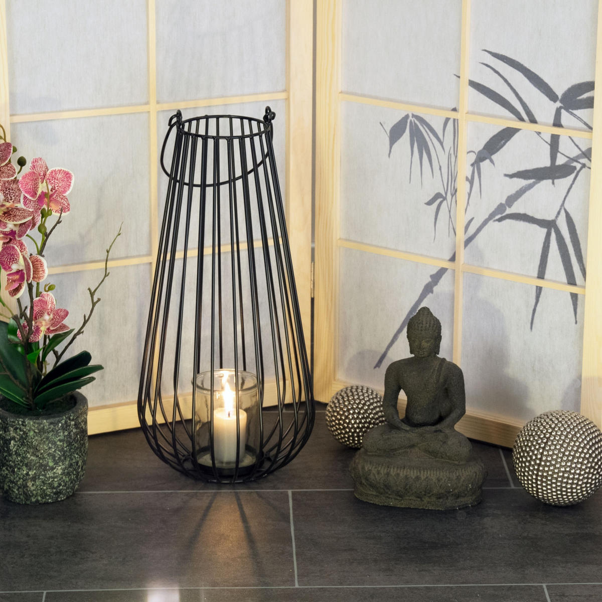 LATERNE Balto 40x20 cm, Metall, mit Windlicht-Glaseinsatz schwarz - Schwarz, Metall (20/40/20cm) - CREEDWOOD