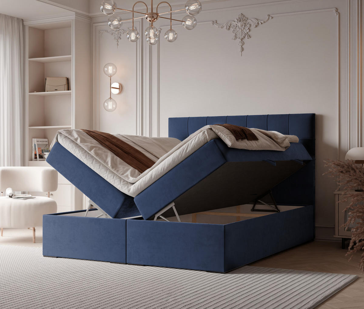 BOXBETT IMPERIAL 160/200 cm, in Marineblau, mit Matratze und Topper - Dunkelblau, Holzwerkstoff/Textil (160/200cm) - Idohome