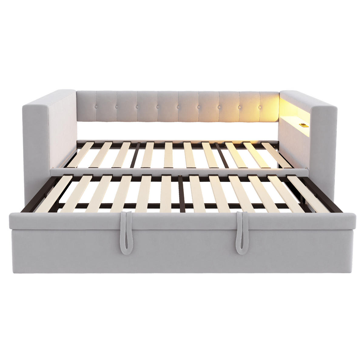 SCHLAFSOFA 90/180 × 190 cm in Hellgrau Stoff mit LED, Steckdose und Stauraum - Hellgrau, Holzwerkstoff/Textil (90/190cm) - WISHDOR