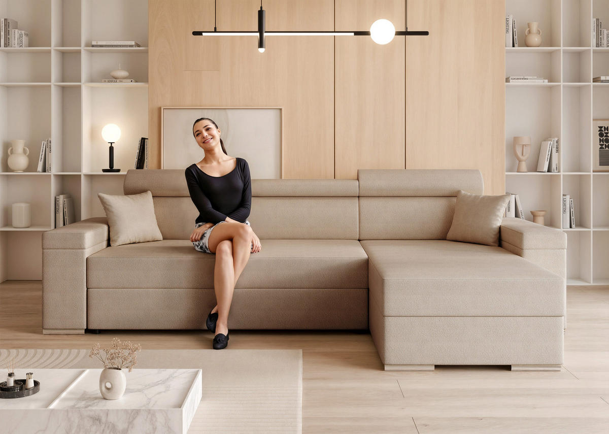 ECKSOFA AISHA mit Schlaffunktion und Bettkasten Beige - Beige, Holzwerkstoff/Kunststoff (250/90cm) - Idohome