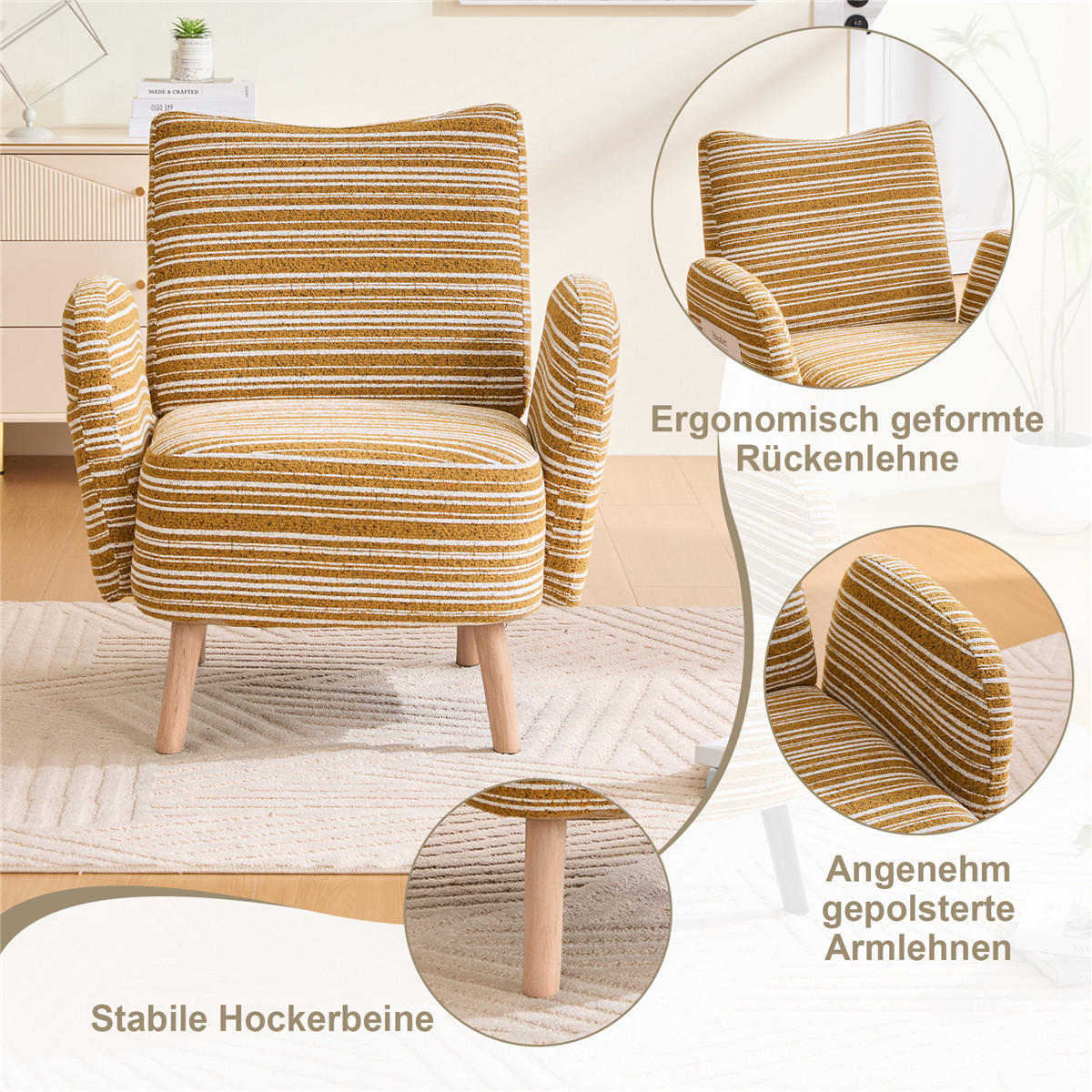 SESSEL Kreismuster Stoff Massivholzbeine Lesesessel - Gelb, Textil (77/87/81cm) - Kaket