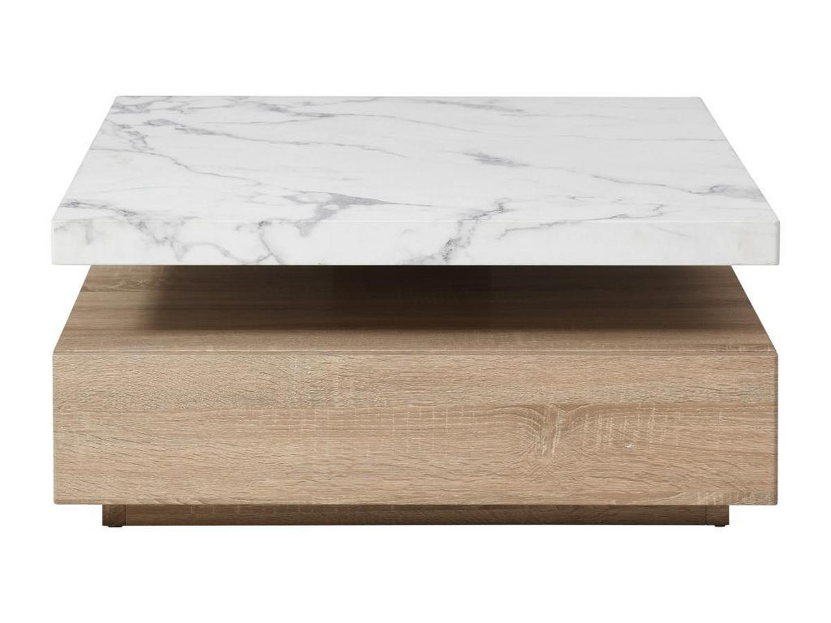 COUCHTISCH drehbar - 1 Schublade - MDF - Marmor-Optik Weiß & Holzfarben - KYRIA - Naturfarben, Holz (80/80/36cm) - Vente-Unique