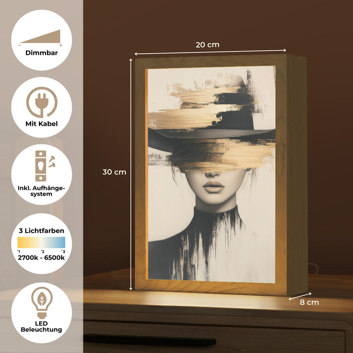 STOLNÍ LAMPA Žena - klobouk - barva 20x30 cm - hnědá, kompozitní dřevo (8/20/30cm) - OnlyWow